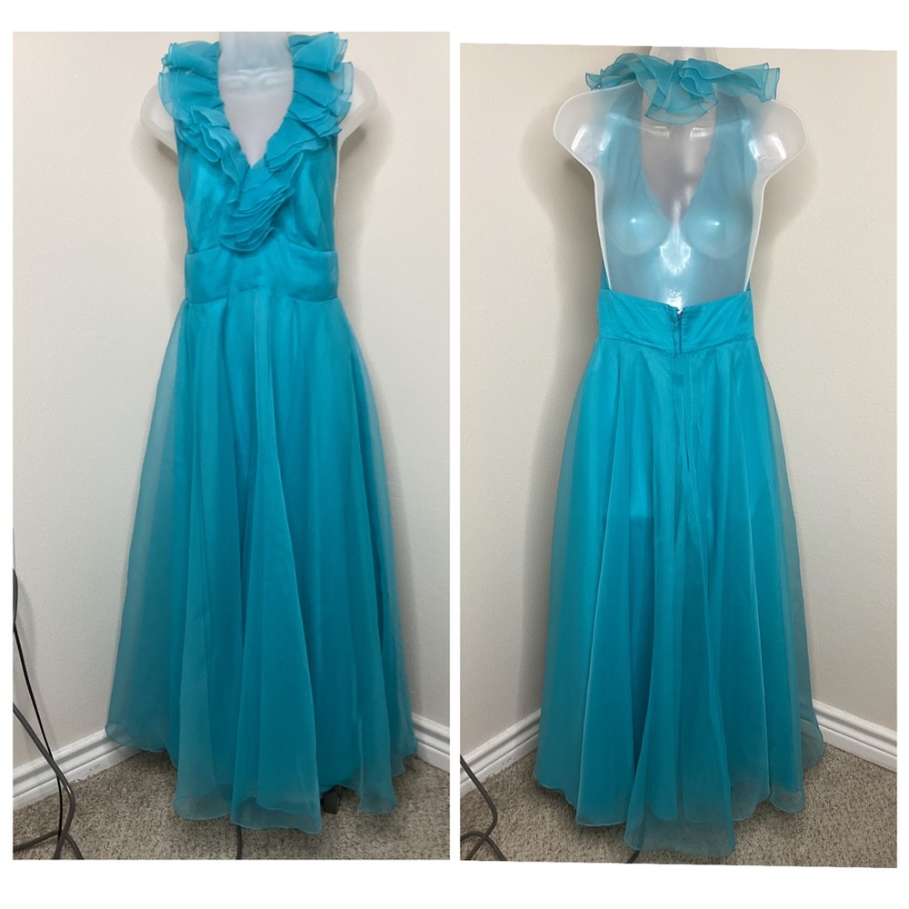 Vintage Alyce Designs Chiffon Halter Top Teal Maxi Dress Vtg Sz 12